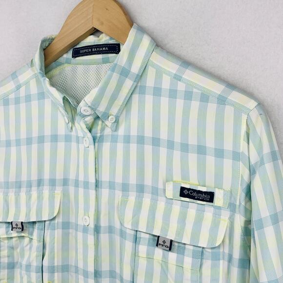 Columbia Other - COLUMBIA Top Womens M PFG SUPER BAHAMA Plaid Roll Tab Fishing Button Down White